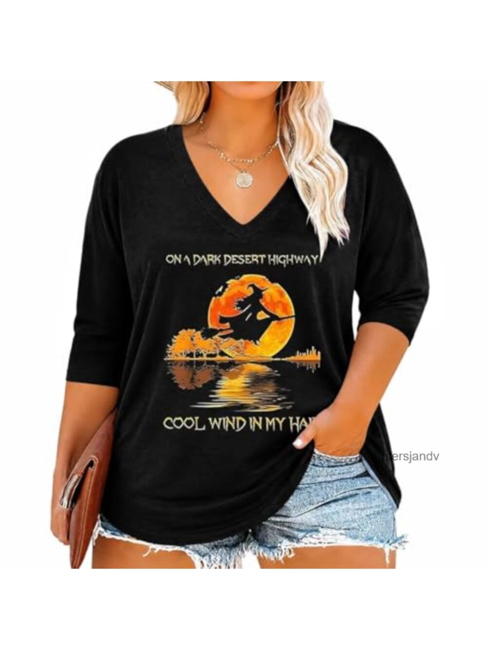 Womens Plus Size Halloween V Neck 3/4 Sleeve Fall T-Shirt Loose Fit Tee